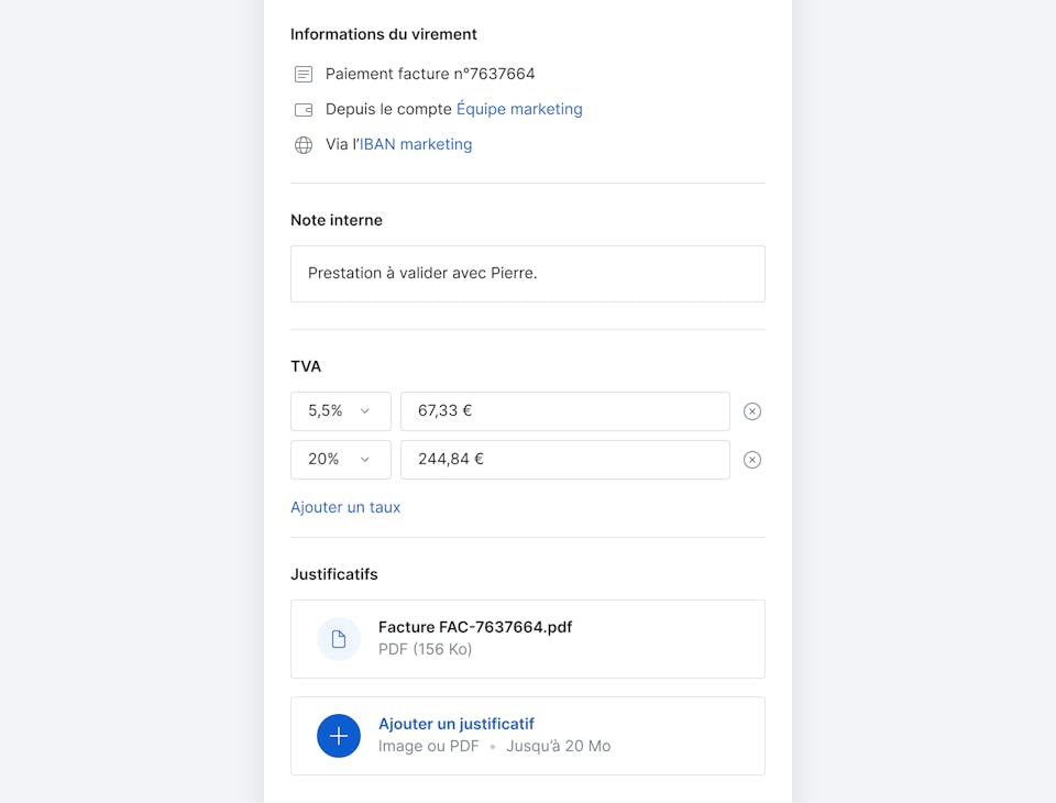 Interface des informations de virement avec taux de TVA, note interne et justificatifs.